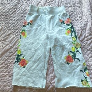 Floral Embroidered White Wide-Leg Pants